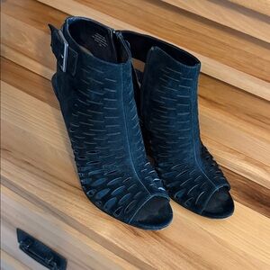 Audrey Brooke Black Suede Peep-Toe Cutout Heel Booties